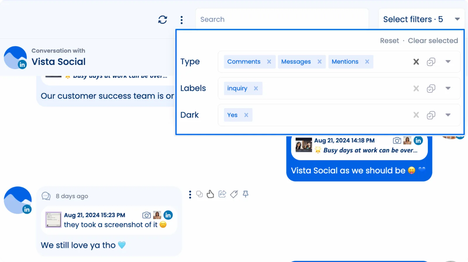 Filtering options available in Vista Social's unified inbox.