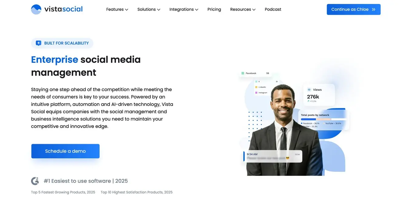 A screenshot of Vista Social's enterprise social media management landing page.