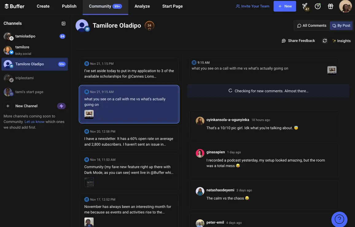The Buffer Community engagement interface.