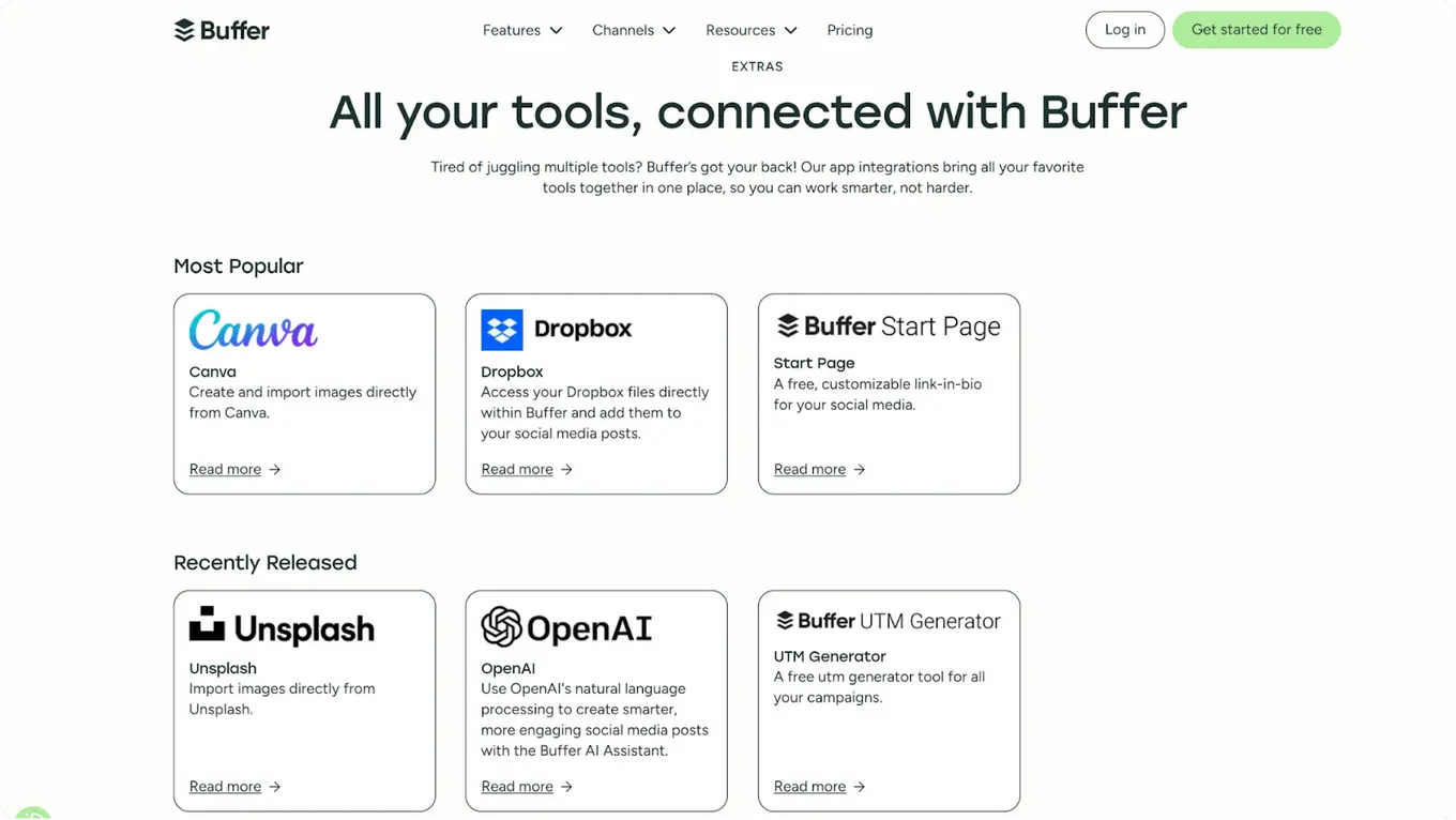 A screenshot of some of Buffer's integrations.