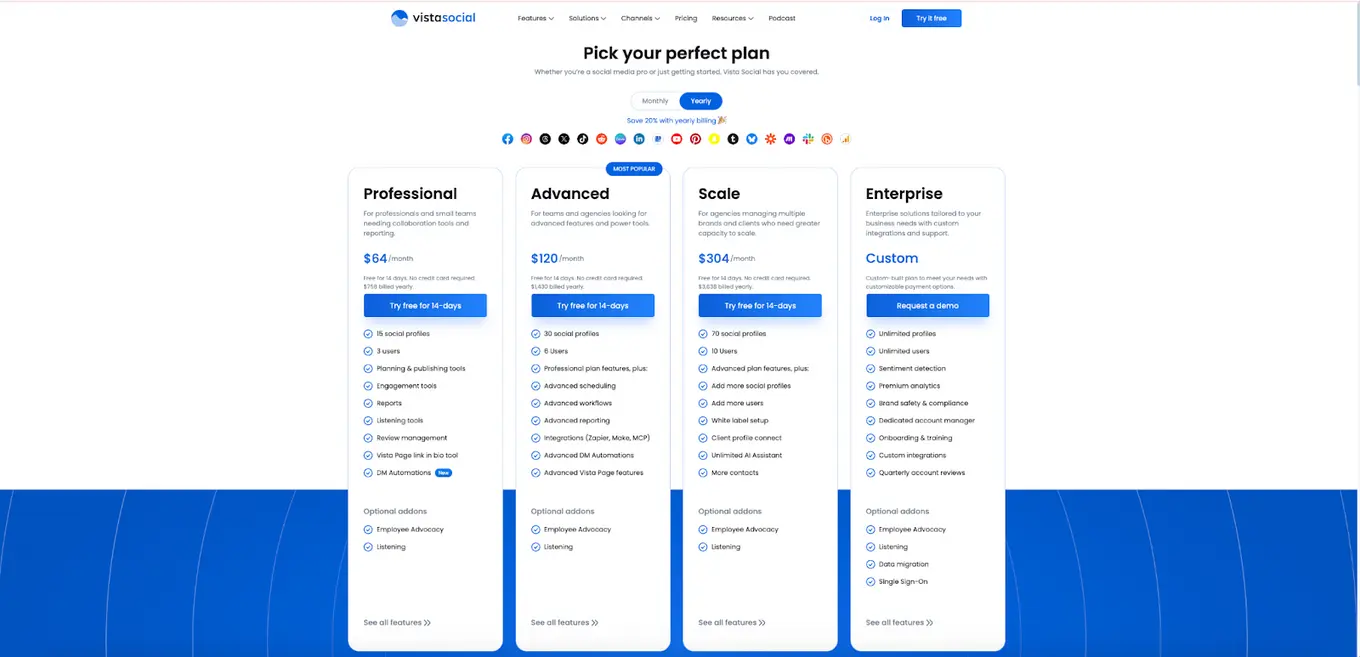 Vista Social's pricing page.
