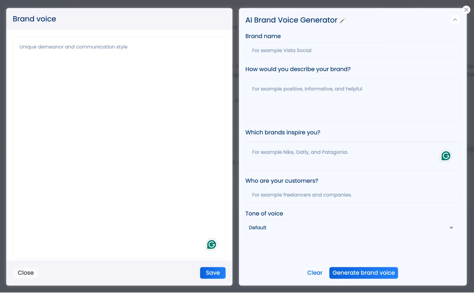 A screenshot of Vista Social's AI brand voice generator.