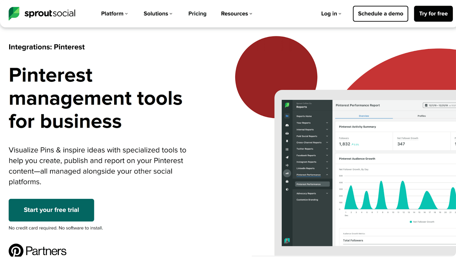 A screenshot of Pinterest analytics tool Sprout Social's website.