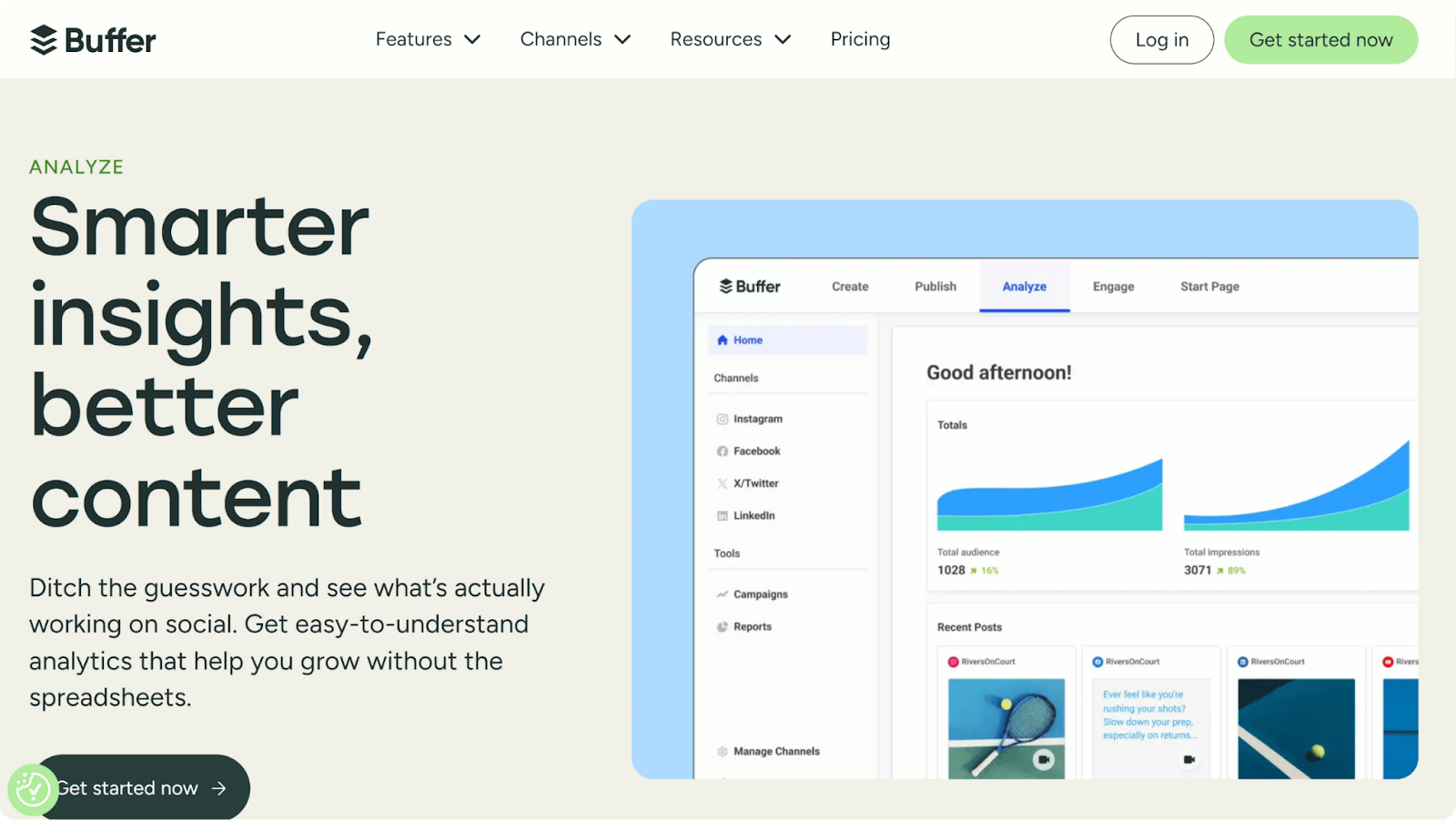 A screenshot of Pinterest analytics tool Buffer's website.