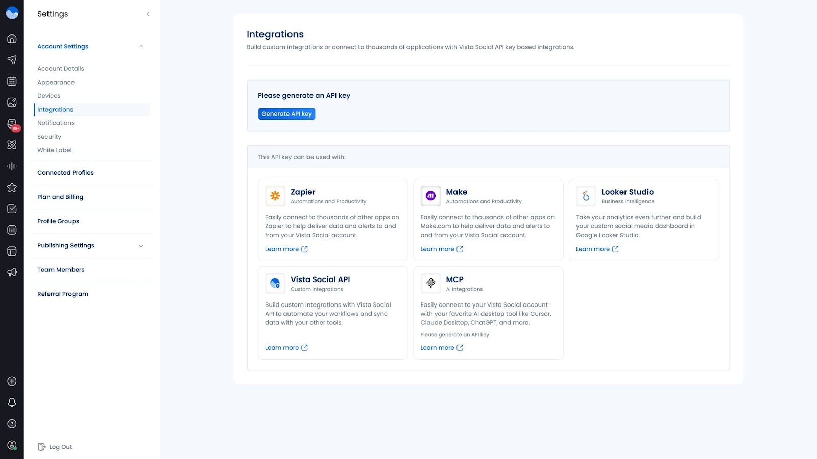 A screenshot showing where to grab the MCP key from your Vista Social settings.