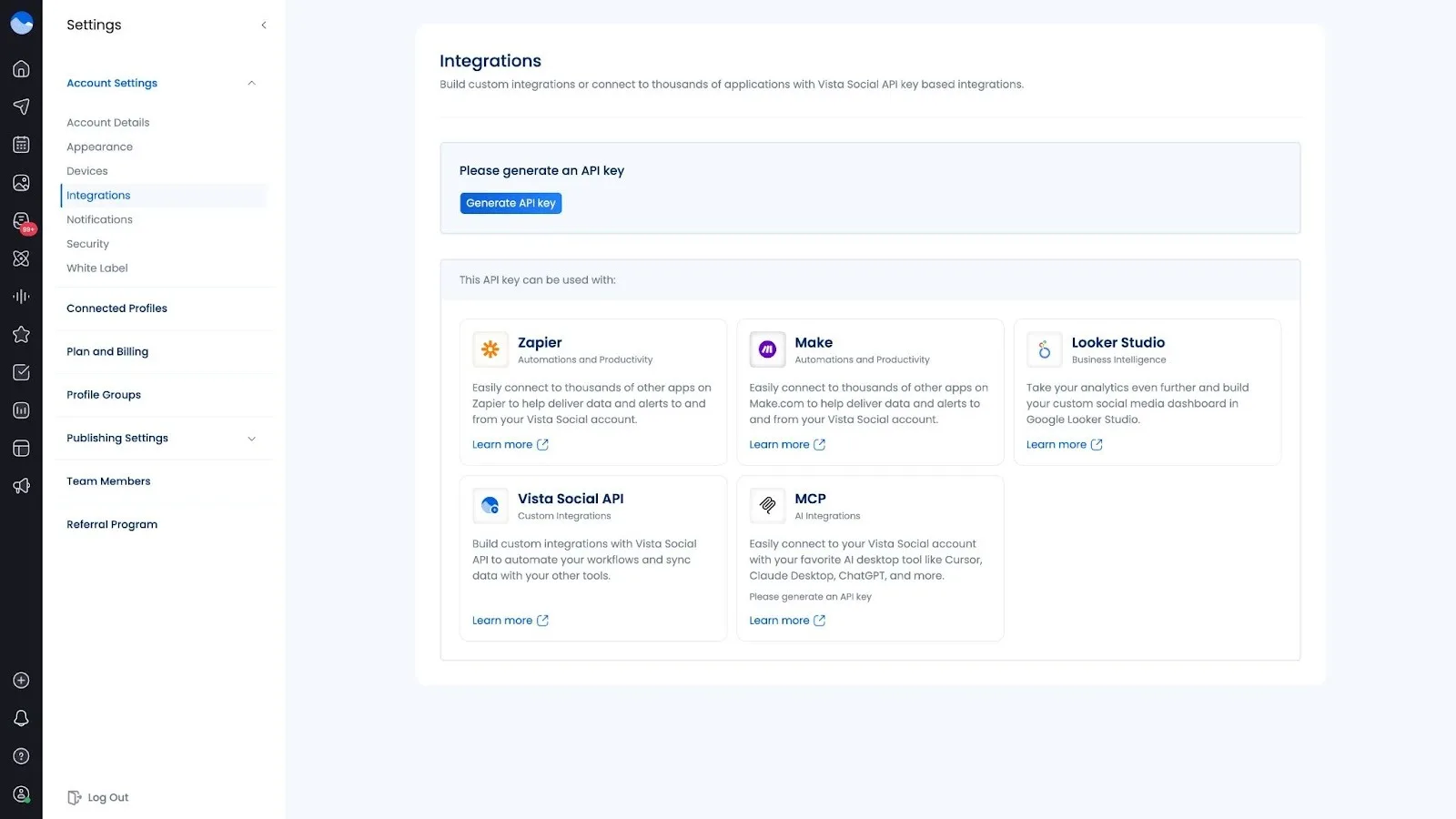 A screenshot showing where to grab the MCP key from your Vista Social settings.