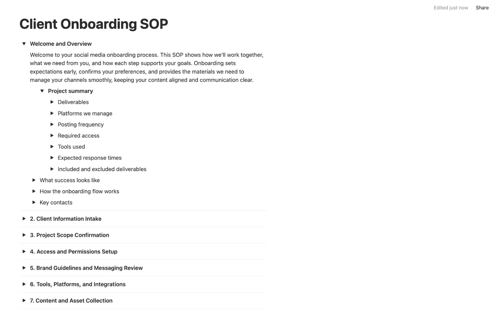 A client onboarding SOP template from Notion.