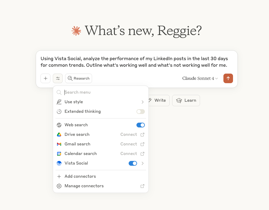A screenshot of a Claude chat interface with a question asking to use Vista Social for a task.