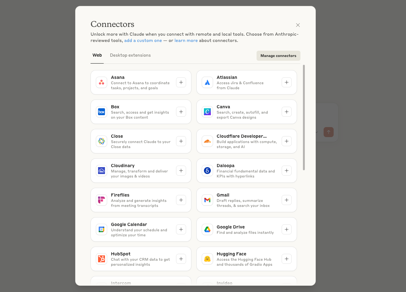 A screenshot of Claude's app connectors.