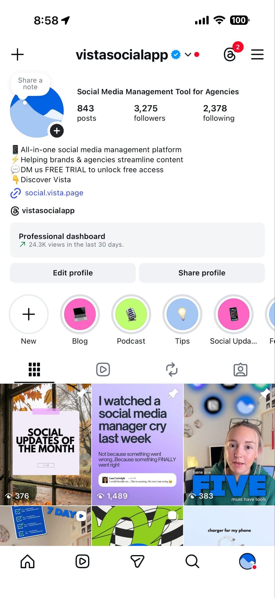 A screenshot of Vista Social's Instagram profile with the + create button in the top left corner.