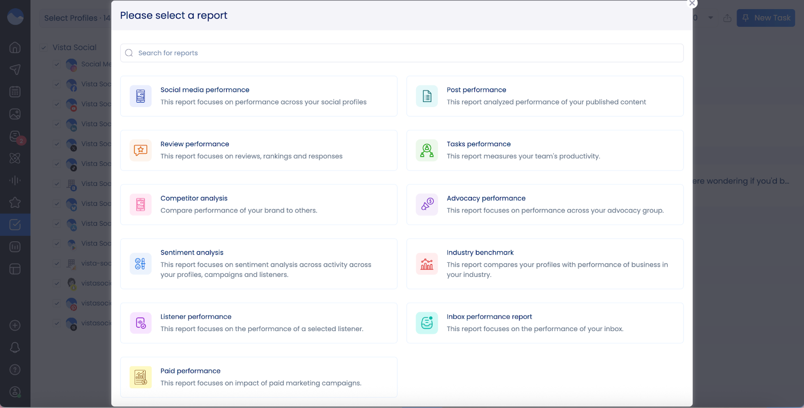 A screenshot of the report options available inside Vista Social.