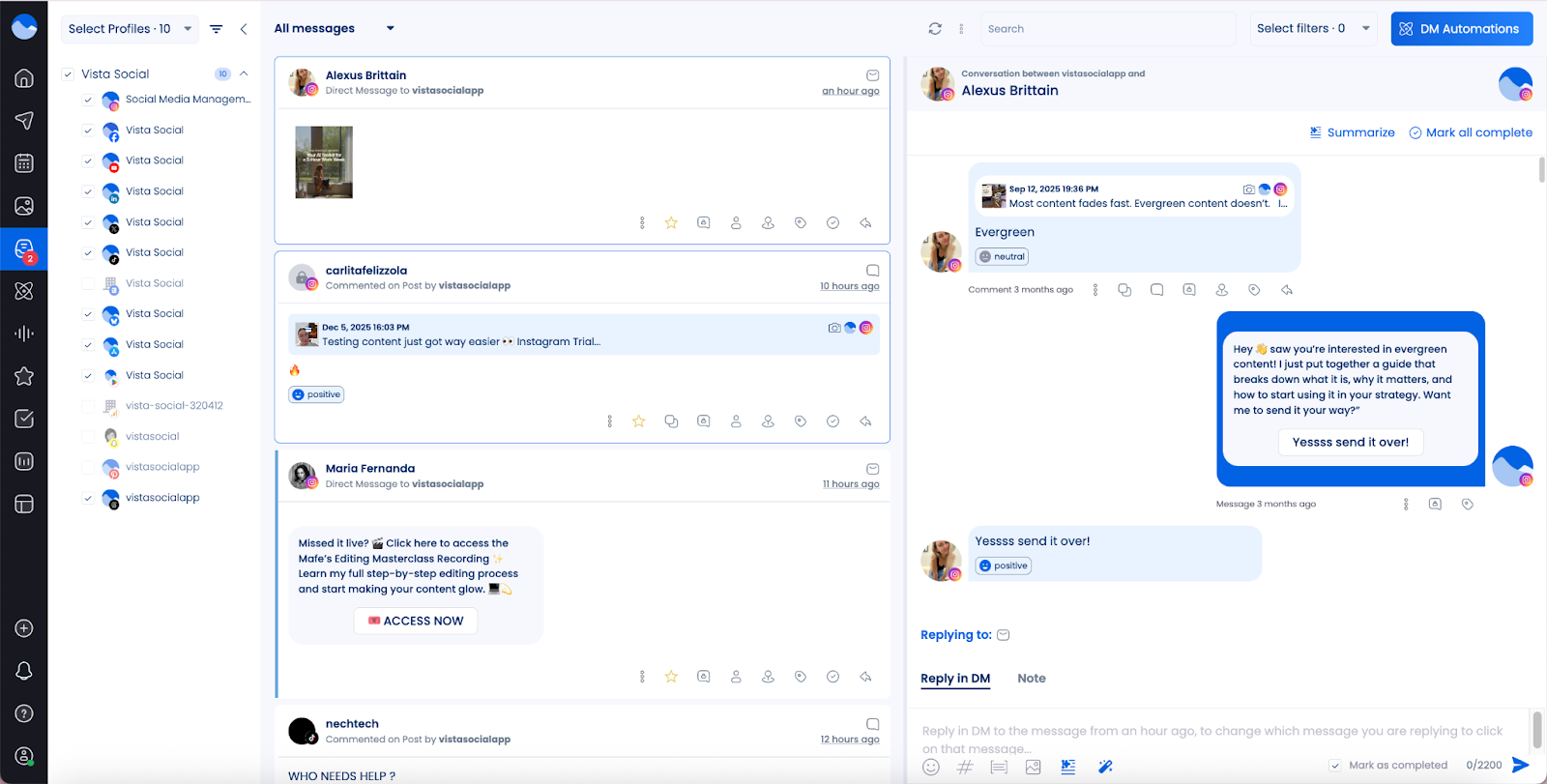 A screenshot of the social inbox inside Vista Social.