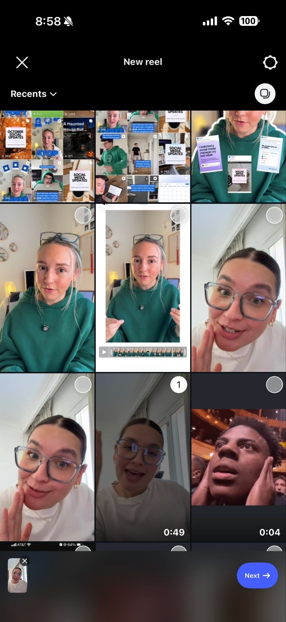 A screenshot of a camera roll when choosing a video to upload to Instagram.