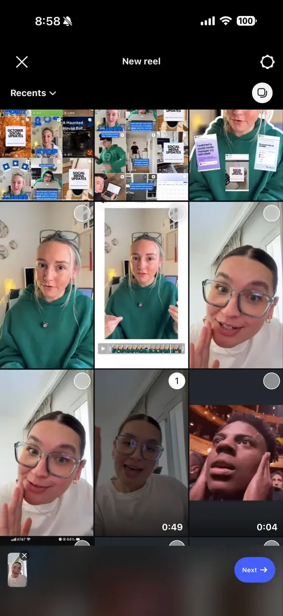 A screenshot of a camera roll when choosing a video to upload to Instagram.