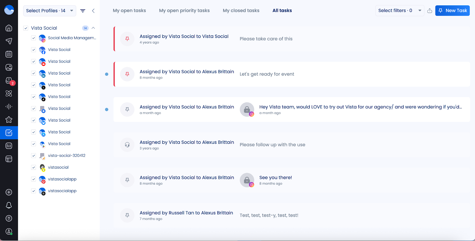 A screenshot of tasks inside Vista Social.