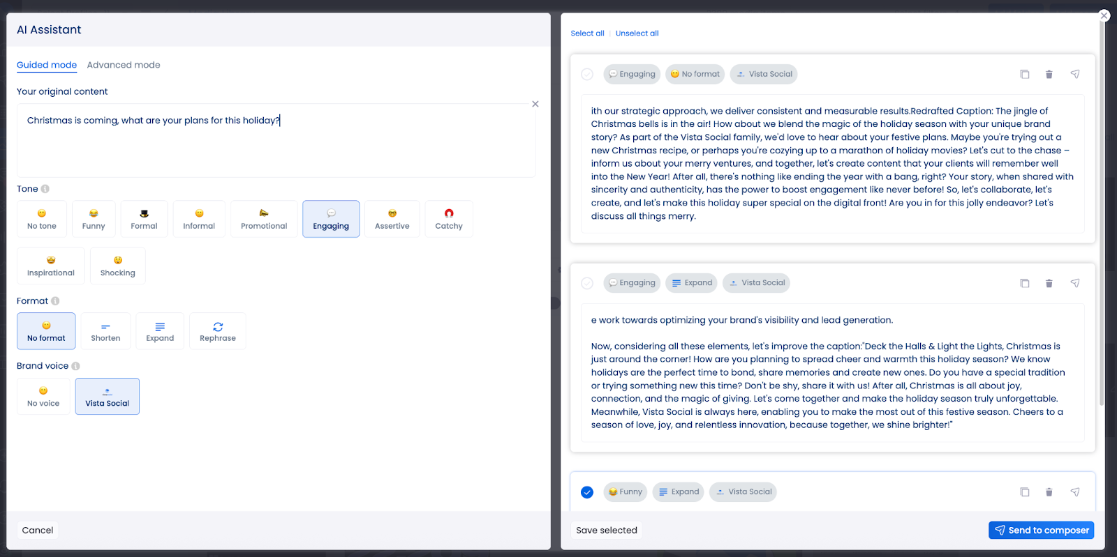 A screenshot of the AI assistant inside Vista Social.