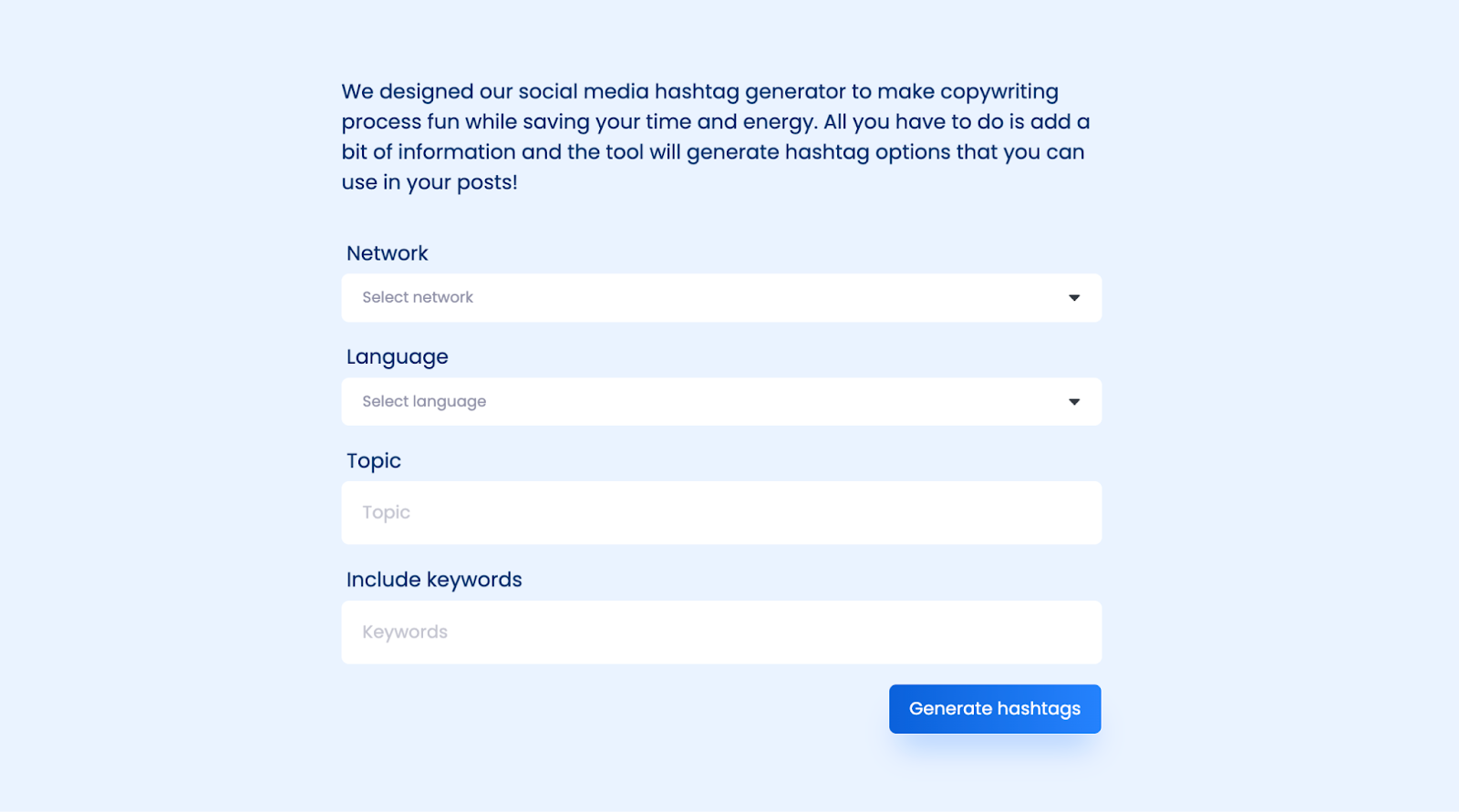 A screenshot of Vista Social's free hashtag generator tool.