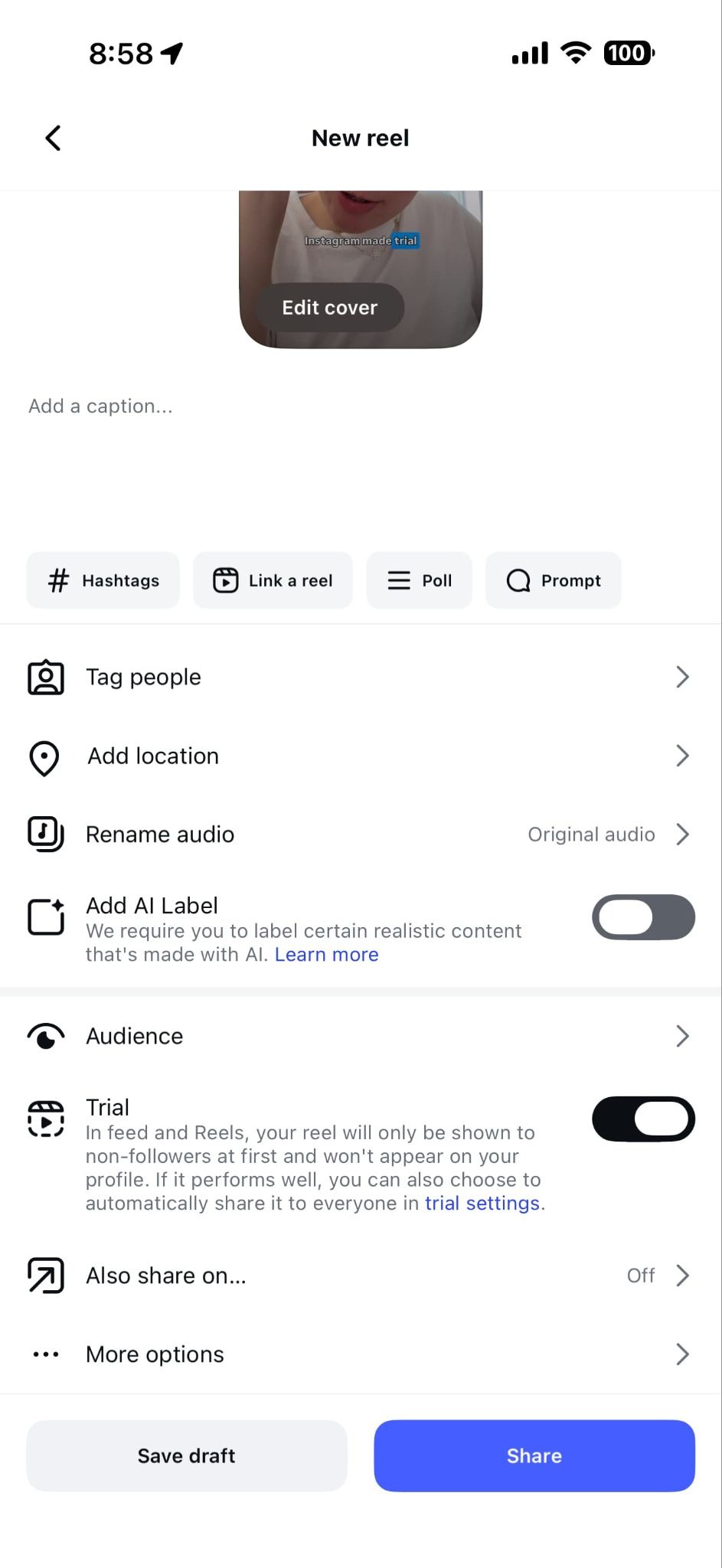A screenshot of where to turn on "Trial reel" in Instagram's reel creation interface.