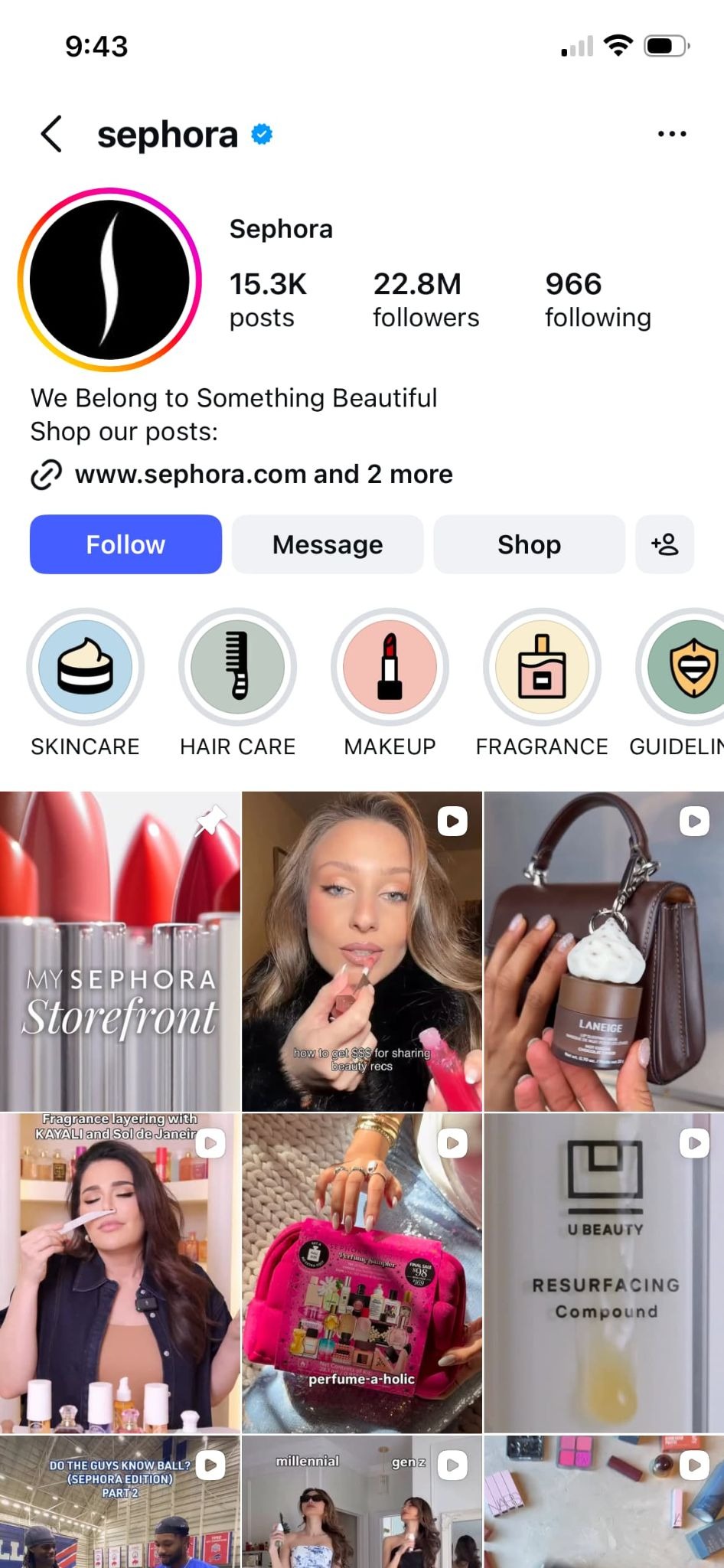 A screenshot of Sephora's Instagram profile.