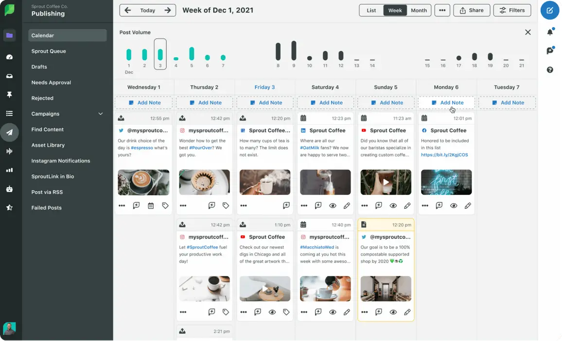 A screenshot of the social media calendar in Sprout Social.
