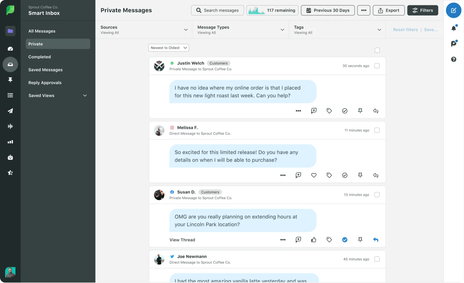 A screenshot of the social inbox in Sprout Social.