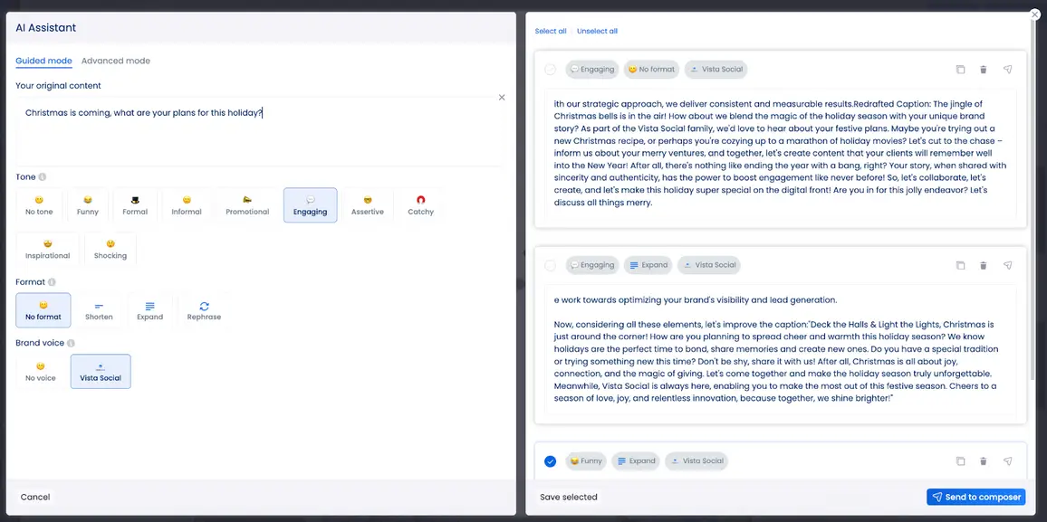 A screenshot of the AI assistant in Vista Social.