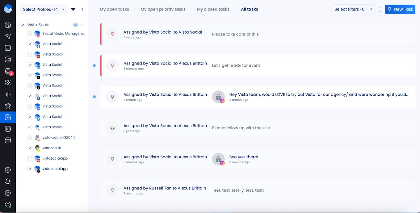 A screenshot of the task management interface in Vista Social.