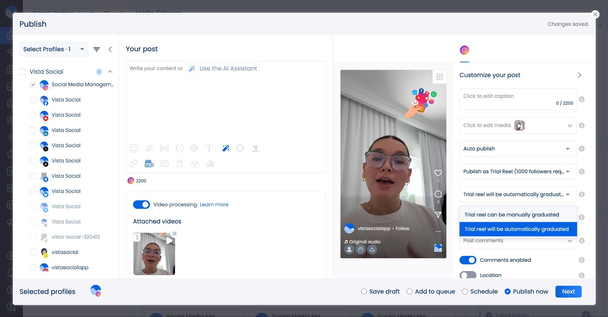A screenshot showing the Trial Reel settings in Vista Social.
