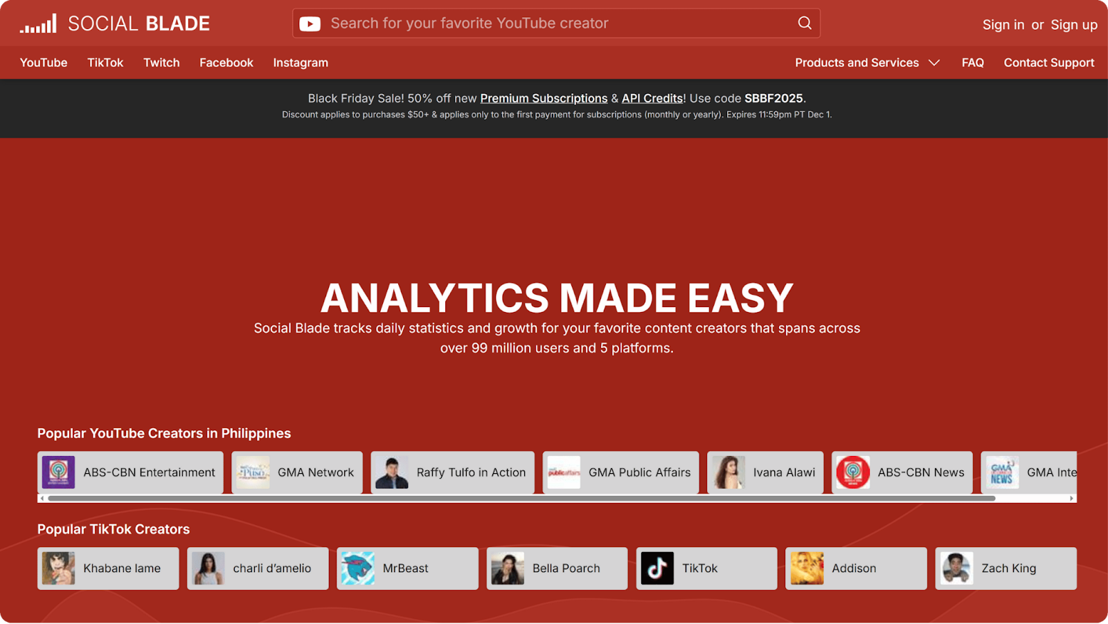 A screenshot of YouTube analytics tool Social Blade's website.