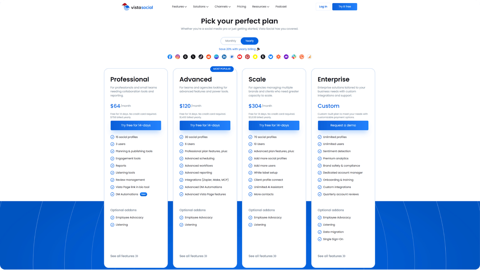 A screenshot of Vista Social's pricing table.