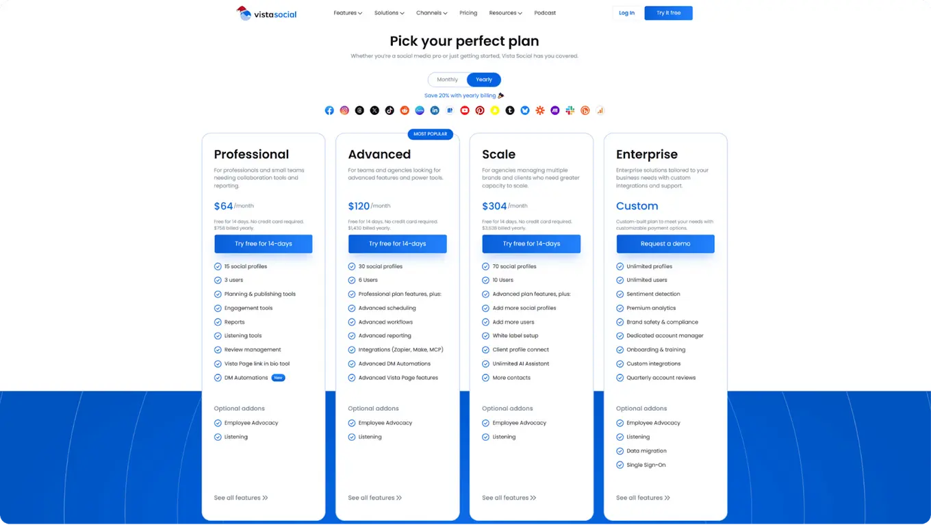 A screenshot of Vista Social's pricing table.