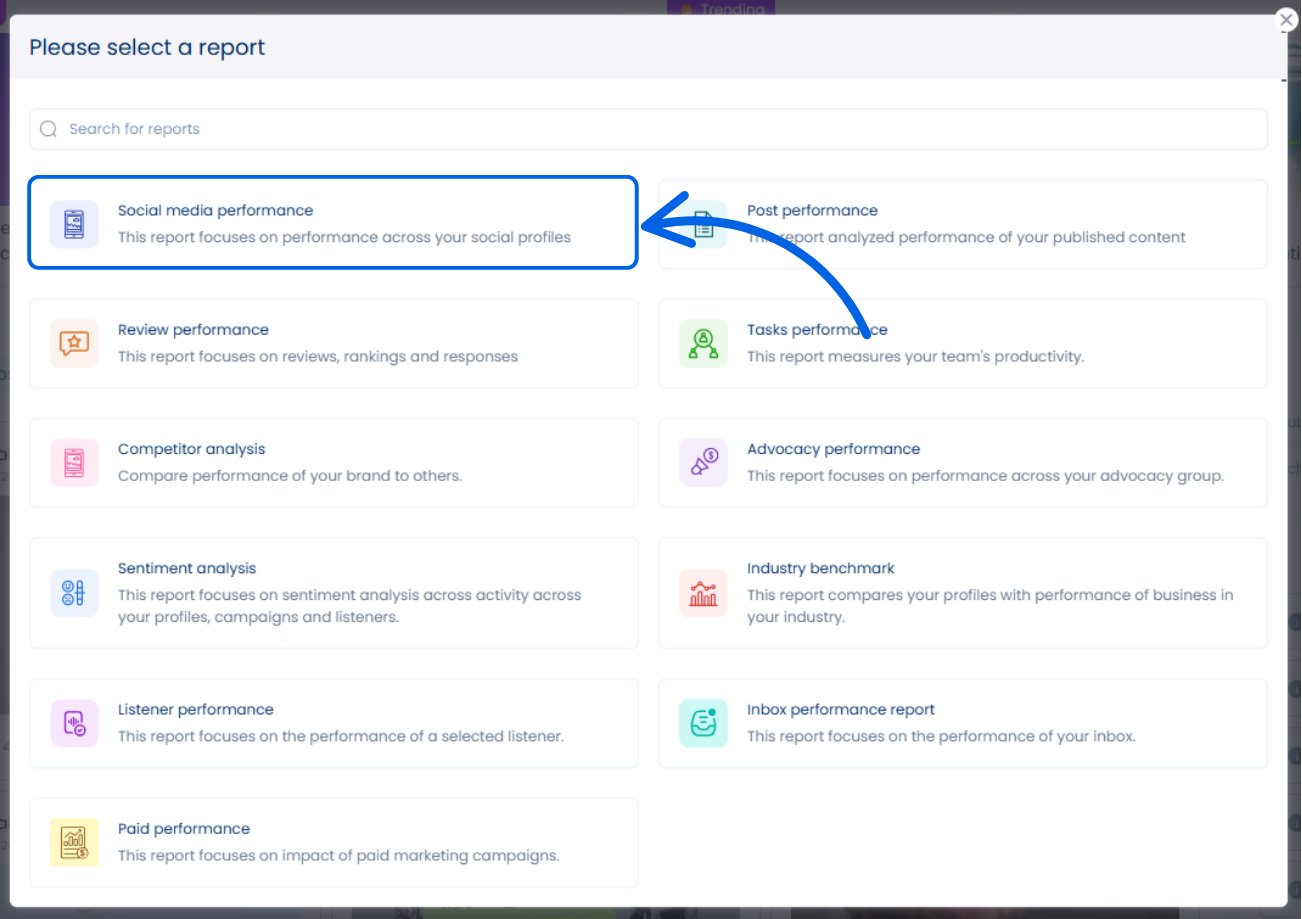 A screenshot showcasing the available reports in Vista Social.