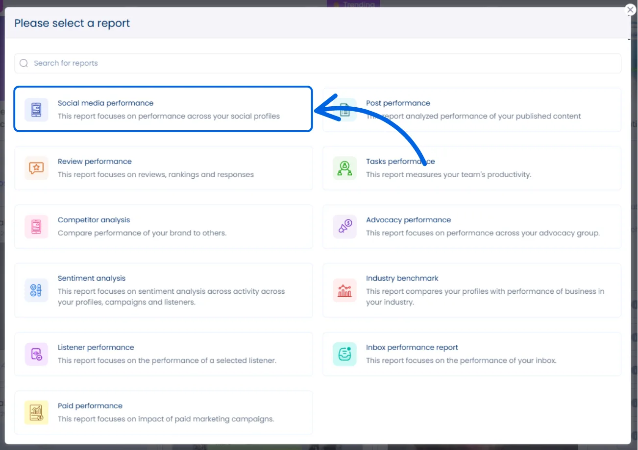 A screenshot showcasing the available reports in Vista Social.