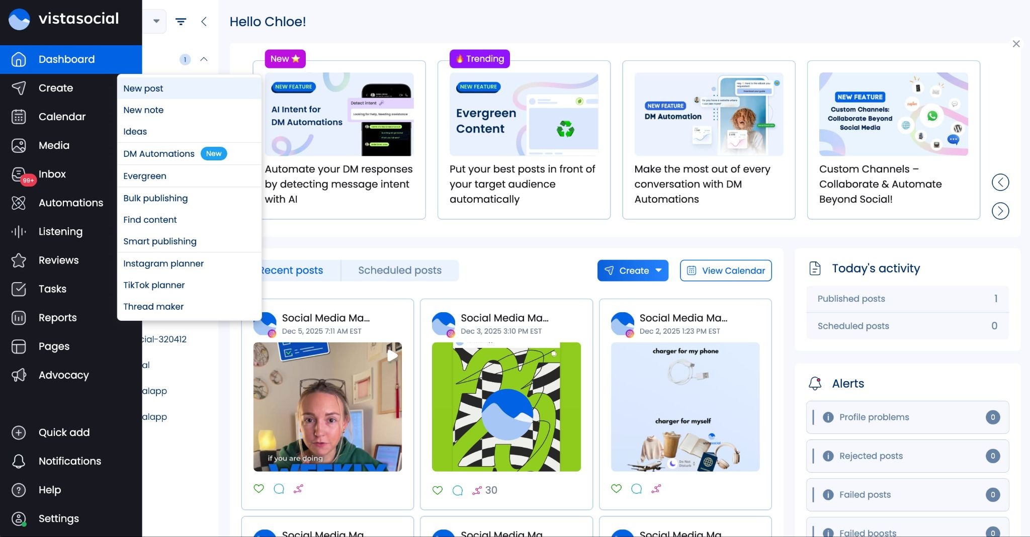 A screenshot of the Vista Social dashboard and where you click to create a new social media post.
