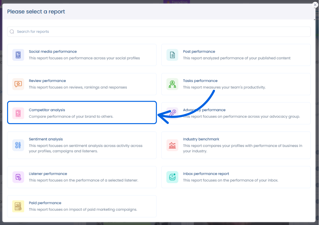 A screenshot showcasing where to find Vista Social's competitor analysis report.