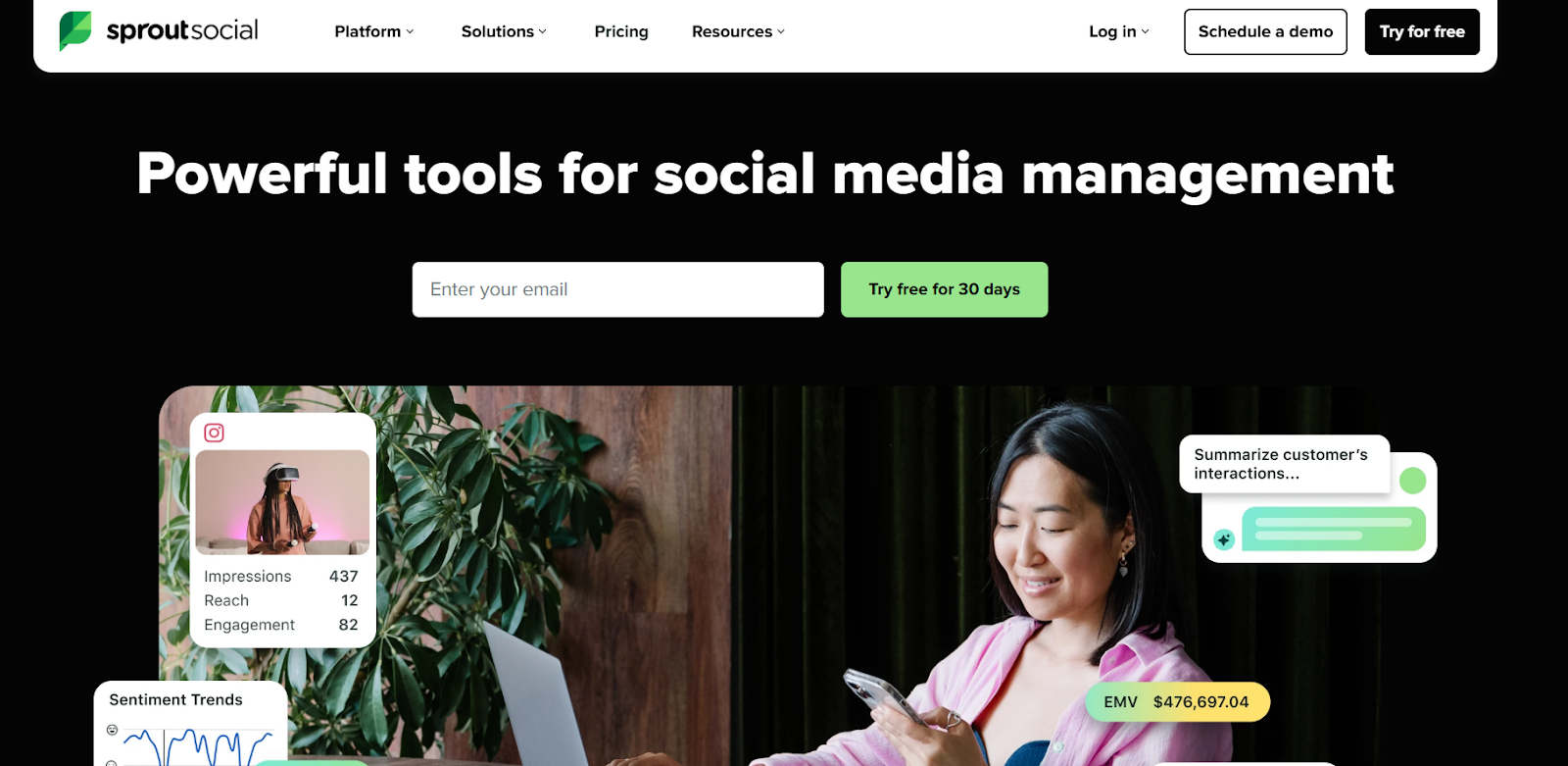A screenshot of social media AI tool Sprout Social's website.