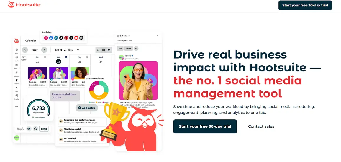 A screenshot of social media AI tool Hootsuite's website.
