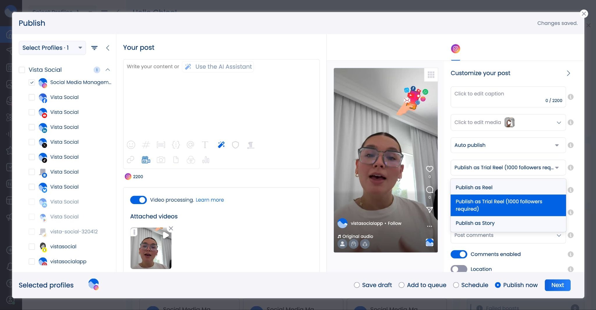 A screenshot of the post creation interface and how to choose to publish a Trial Reel.