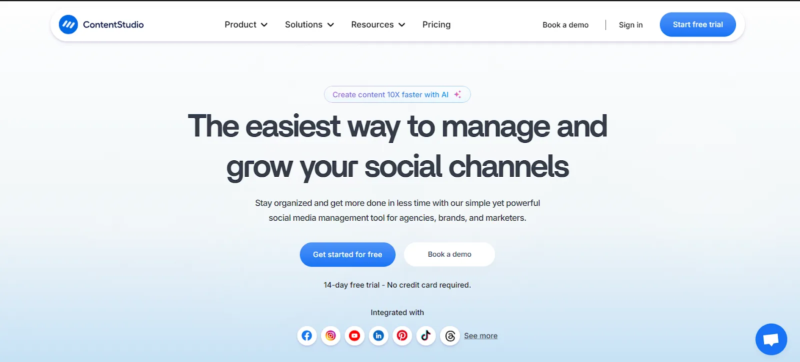 A screenshot of social media AI tool ContentStudio's website.