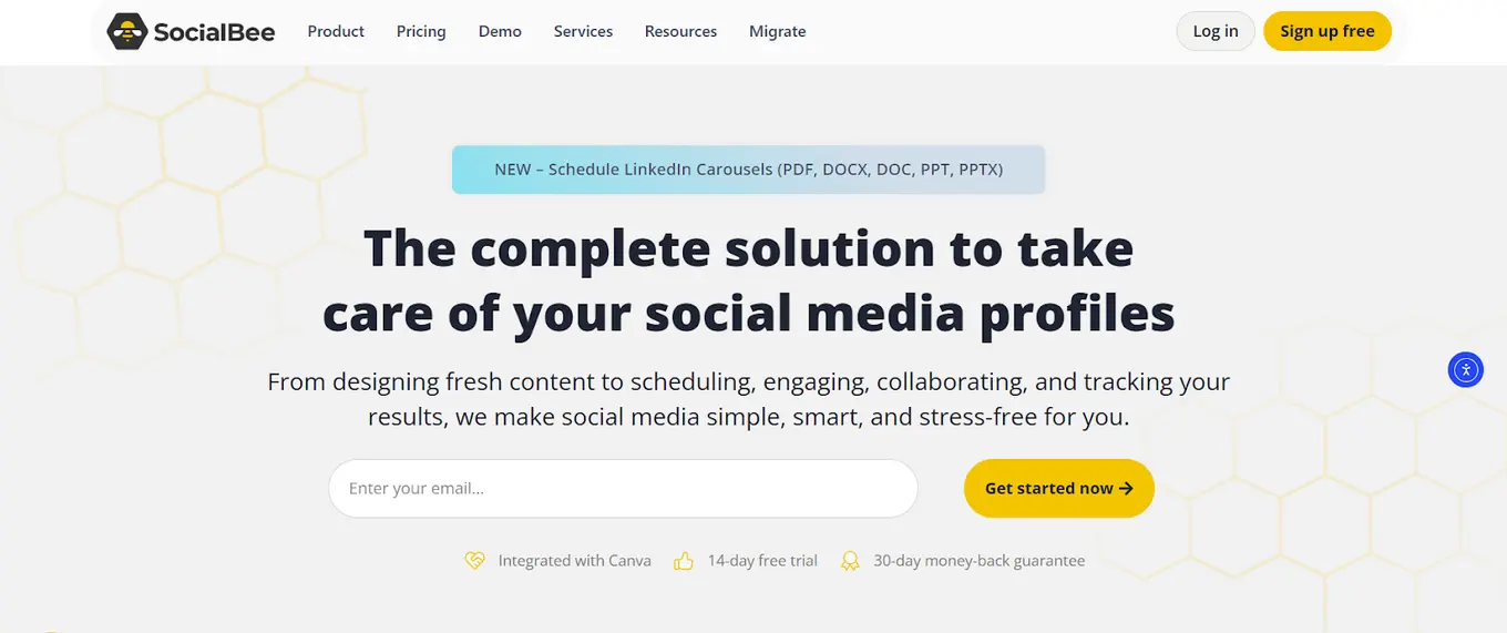A screenshot of social media AI tool SocialBee's website.