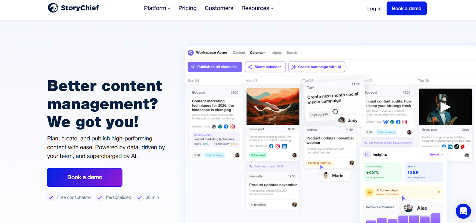 A screenshot of social media AI tool StoryChief's website.
