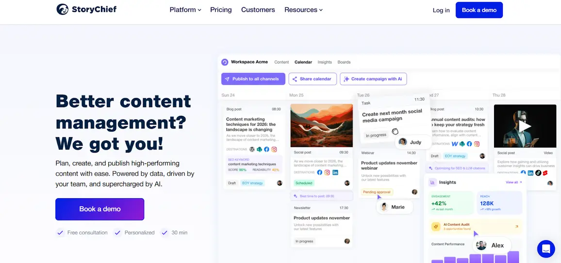 A screenshot of social media AI tool StoryChief's website.