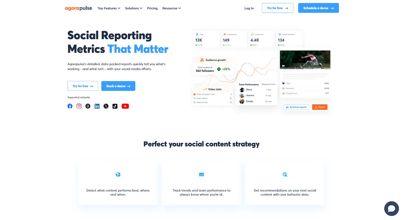 Agorapulse's social media reporting landing page.