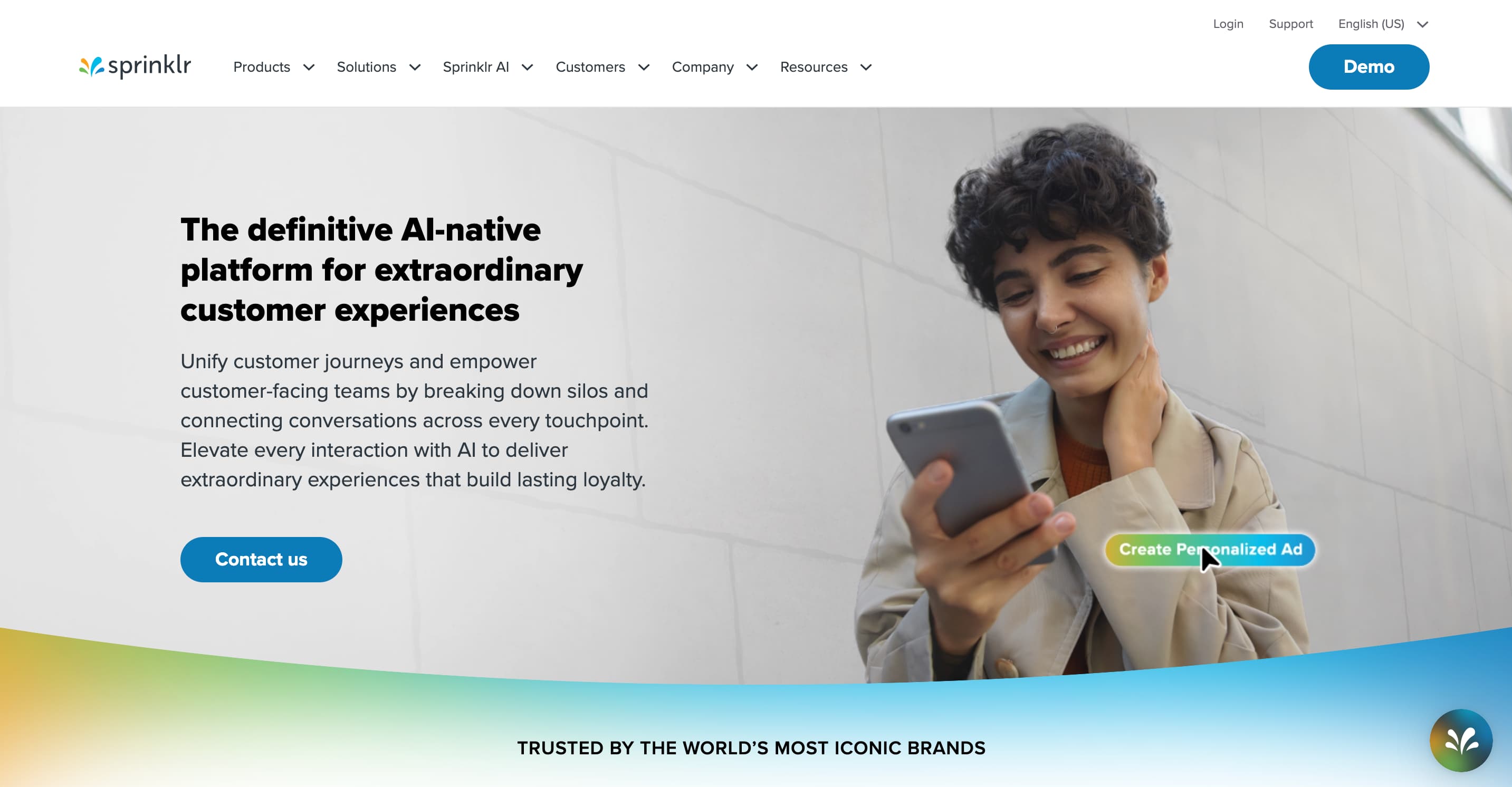 A screenshot of social media AI tool Sprinklr's website.