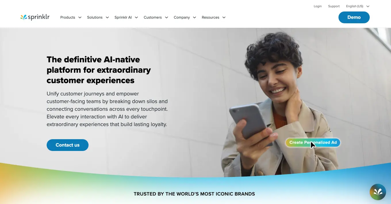 A screenshot of social media AI tool Sprinklr's website.
