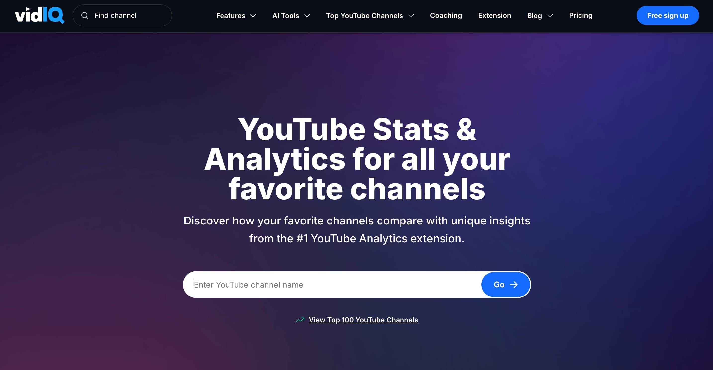 A screenshot of YouTube analytics tool vidIQ's website.