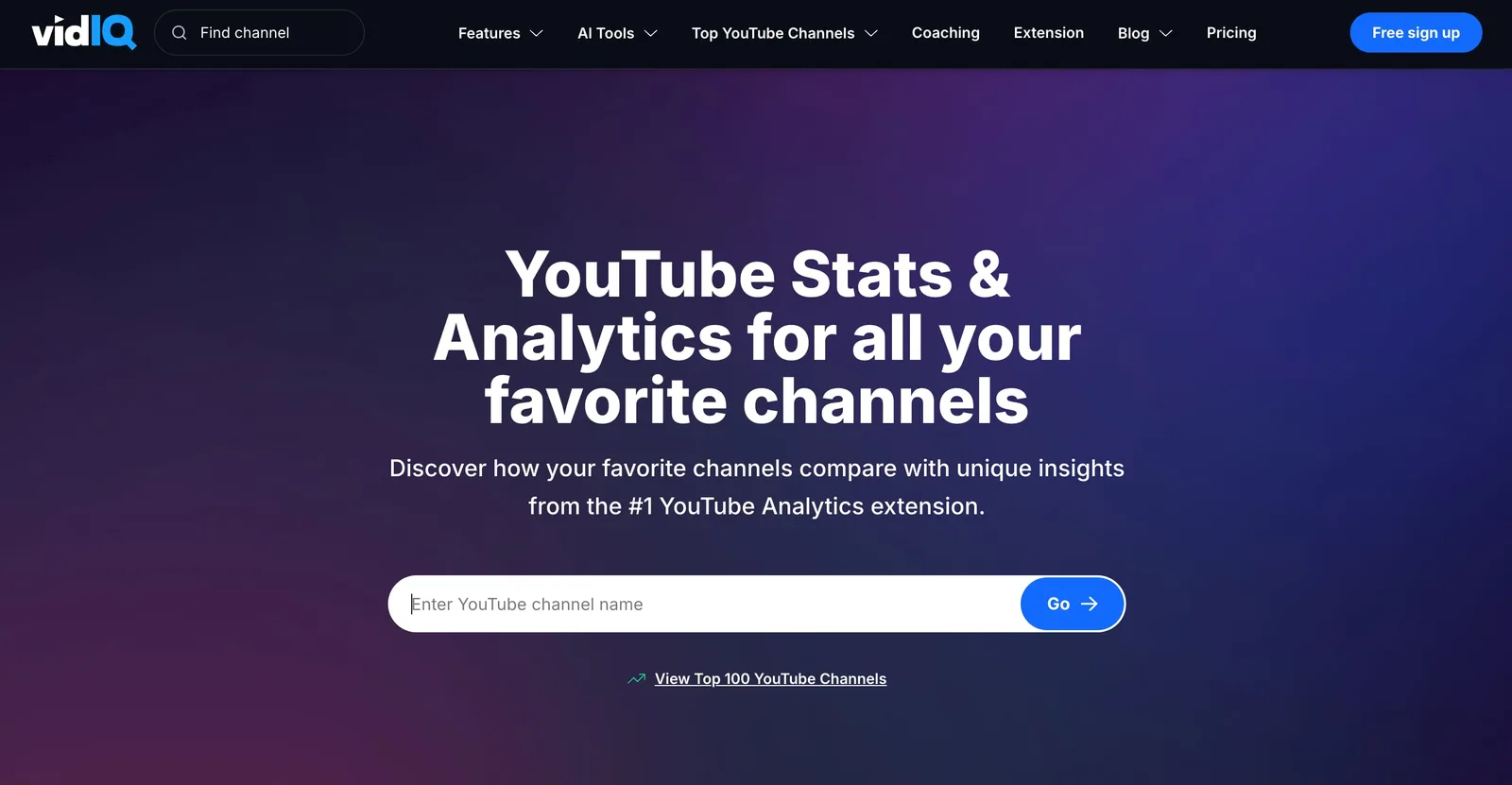 A screenshot of YouTube analytics tool vidIQ's website.