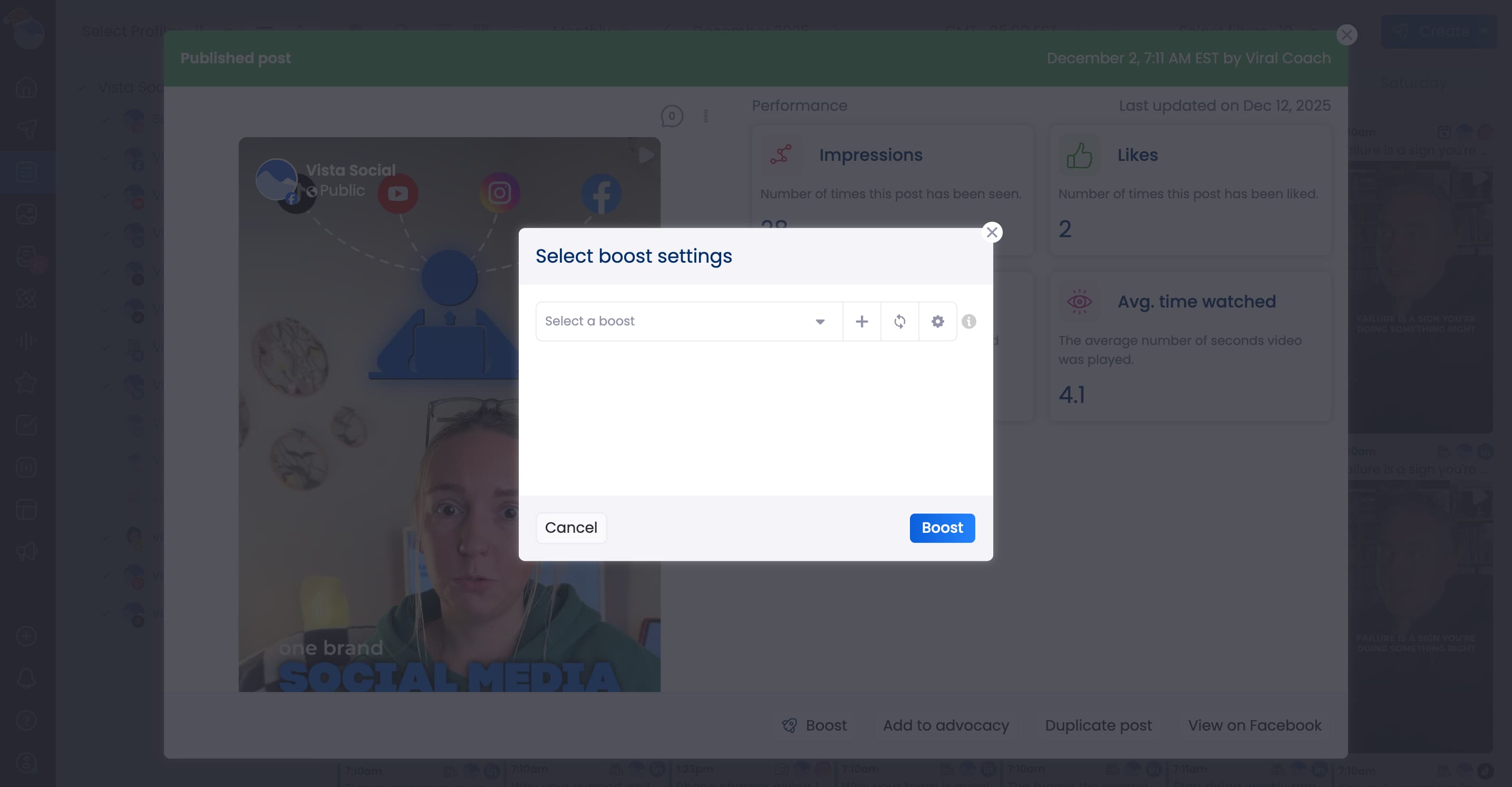 A screenshot of boosting a post inside Vista Social.