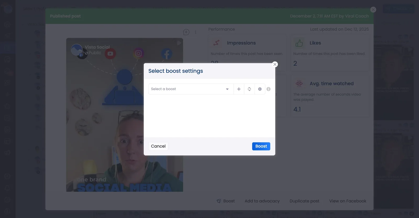 A screenshot of boosting a post inside Vista Social.