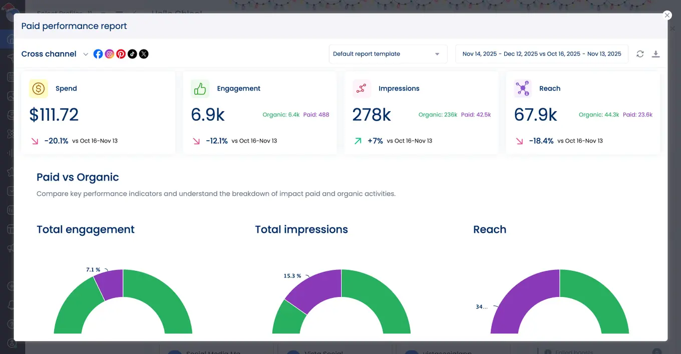 A screenshot of Vista Social's paid performance report.